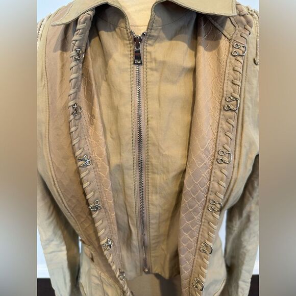 Elie Tahari Lamb Leather Silk Women’s Khaki Biker Jacket Size Medium - Picture 2 of 16